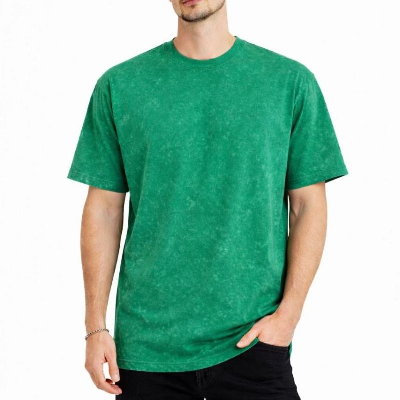 Erkek Asit Yıkama Bisiklet Yaka Kısa Kollu Oversize T-Shirt Tişört - Yeşil