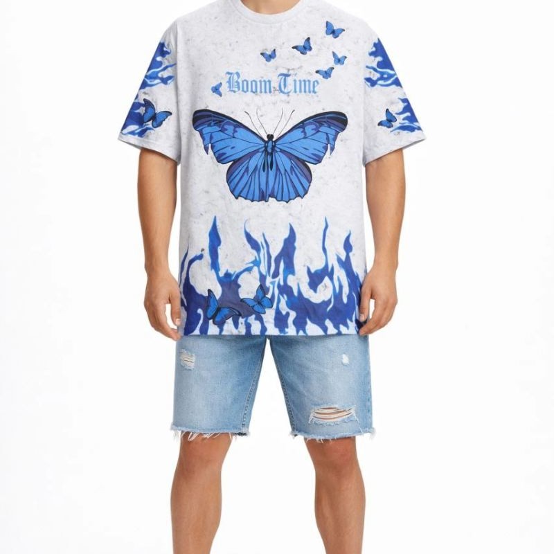 Erkek Asit Yıkamalı Oversize Tişört Bisiklet Yaka Kısa Kol T-shirt - Beyaz