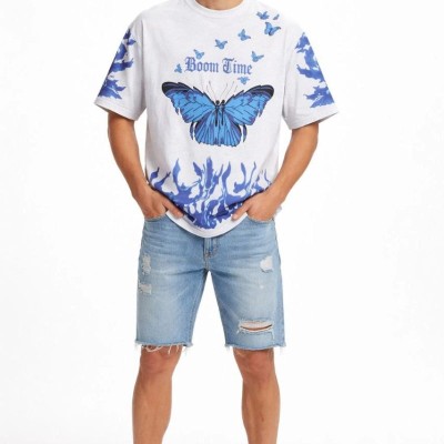Erkek Asit Yıkamalı Oversize Tişört Bisiklet Yaka Kısa Kol T-shirt - Beyaz