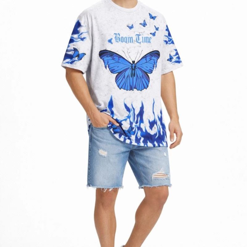 Erkek Asit Yıkamalı Oversize Tişört Bisiklet Yaka Kısa Kol T-shirt - Beyaz