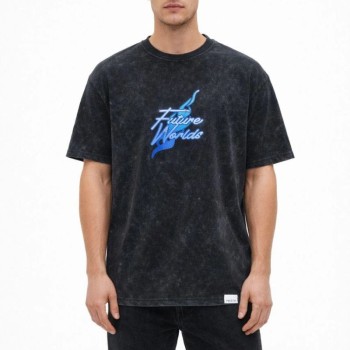 Erkek Asit Yıkamalı Oversize Tişört Bisiklet Yaka Kısa Kol T-shirt - Siyah
