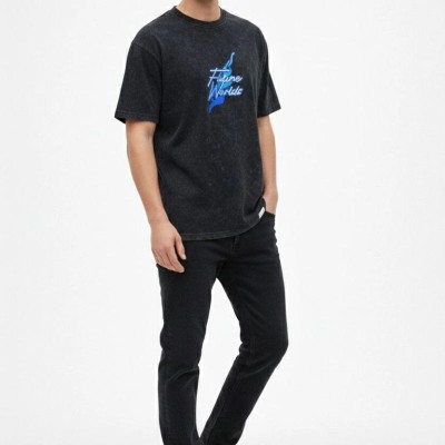 Erkek Asit Yıkamalı Oversize Tişört Bisiklet Yaka Kısa Kol T-shirt - Siyah