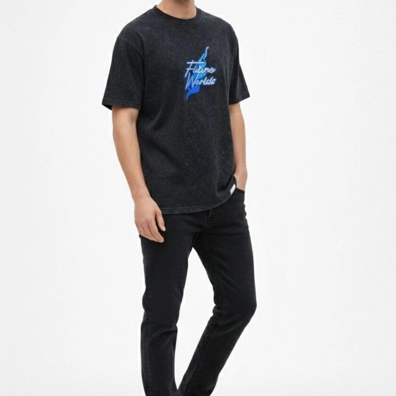 Erkek Asit Yıkamalı Oversize Tişört Bisiklet Yaka Kısa Kol T-shirt - Siyah