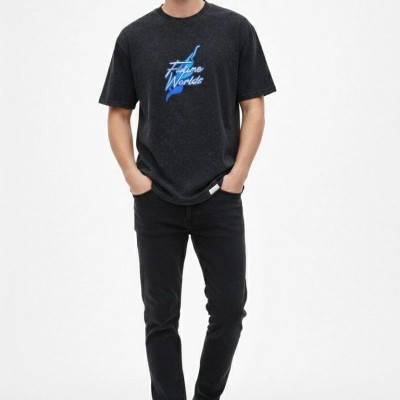 Erkek Asit Yıkamalı Oversize Tişört Bisiklet Yaka Kısa Kol T-shirt - Siyah