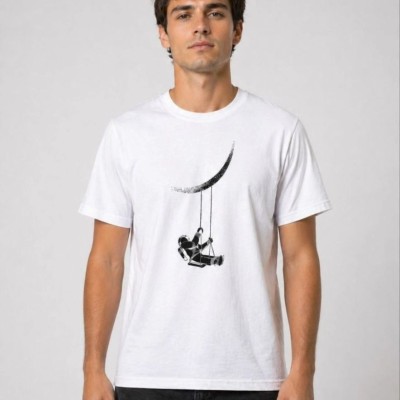 Erkek Astronot Ay Temalı Tişört Kısa Kol Yazlık Bisiklet Yaka T-Shirt - Beyaz