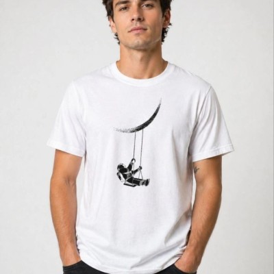 Erkek Astronot Ay Temalı Tişört Kısa Kol Yazlık Bisiklet Yaka T-Shirt - Beyaz