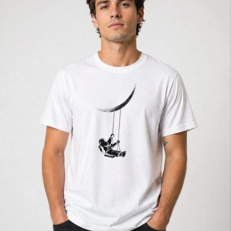 Erkek Astronot Ay Temalı Tişört Kısa Kol Yazlık Bisiklet Yaka T-Shirt - Beyaz