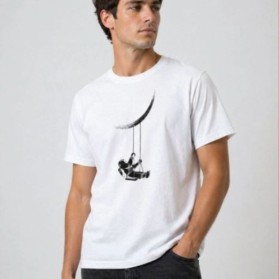 Erkek Astronot Ay Temalı Tişört Kısa Kol Yazlık Bisiklet Yaka T-Shirt - Beyaz