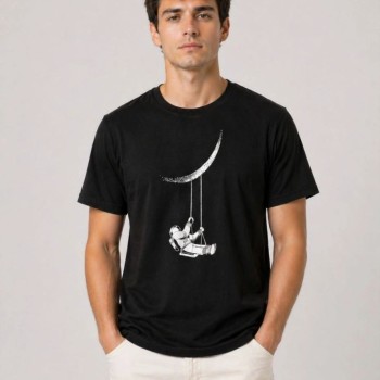 Erkek Astronot Ay Temalı Tişört Kısa Kol Yazlık Bisiklet Yaka T-Shirt - Siyah