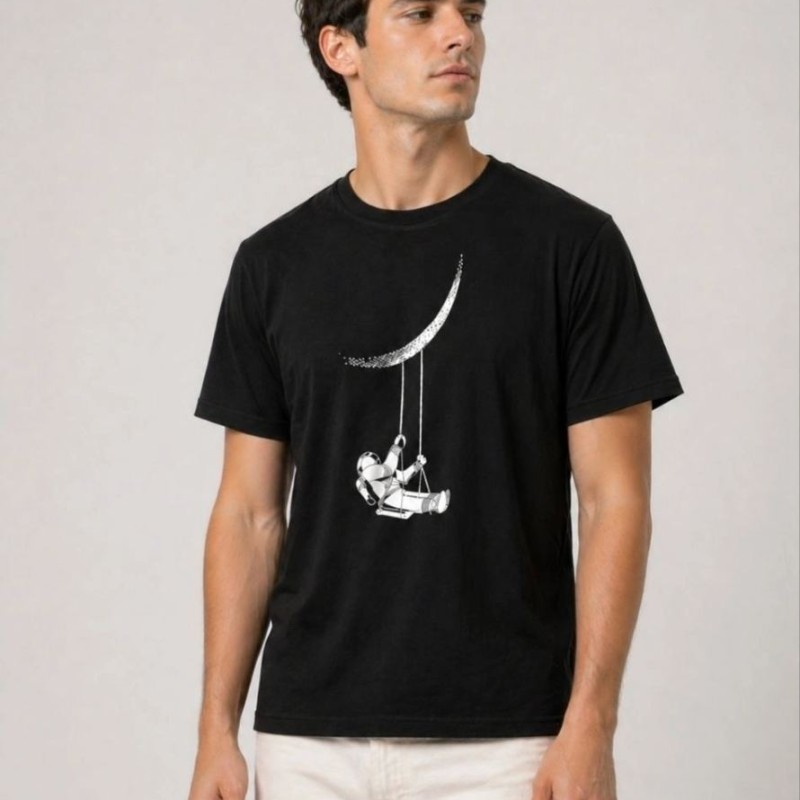 Erkek Astronot Ay Temalı Tişört Kısa Kol Yazlık Bisiklet Yaka T-Shirt - Siyah