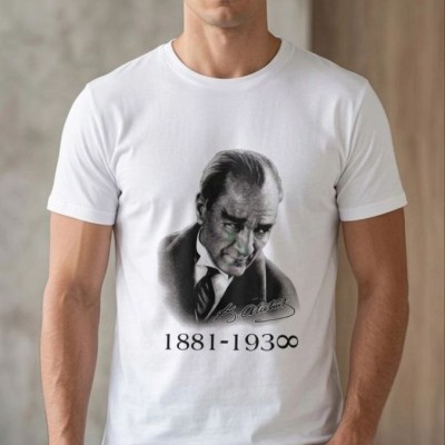 Erkek Atatürk Baskılı Tişört Kısa Kollu Bisiklet Yaka T-Shirt - Beyaz
