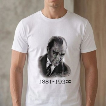 Erkek Atatürk Baskılı Tişört Kısa Kollu Bisiklet Yaka T-Shirt - Beyaz