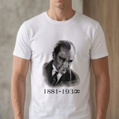 Erkek Atatürk Baskılı Tişört Kısa Kollu Bisiklet Yaka T-Shirt - Beyaz