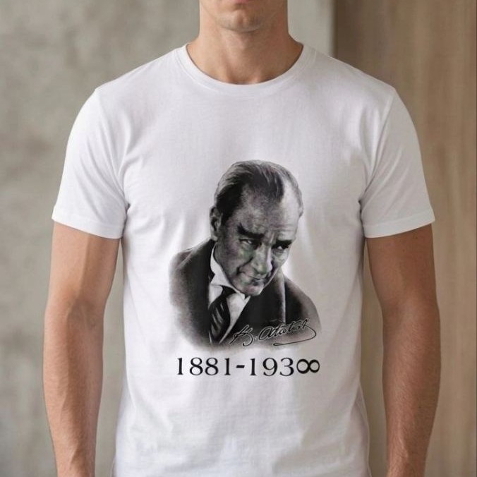 Erkek Atatürk Baskılı Tişört Kısa Kollu Bisiklet Yaka T-Shirt - Beyaz