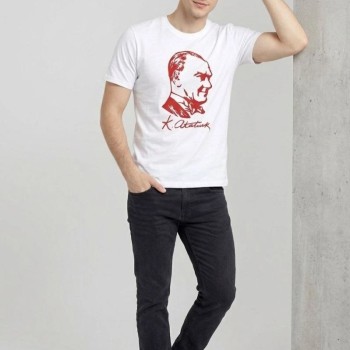 Erkek Atatürk Baskılı Tişört Kısa Kollu Bisiklet Yaka T-Shirt - Beyaz