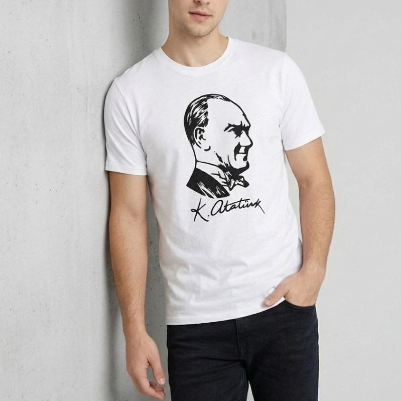 Erkek Atatürk Baskılı Tişört Kısa Kollu Bisiklet Yaka T-Shirt - Beyaz