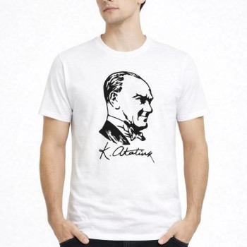 Erkek Atatürk Baskılı Tişört Kısa Kollu Bisiklet Yaka T-Shirt - Beyaz