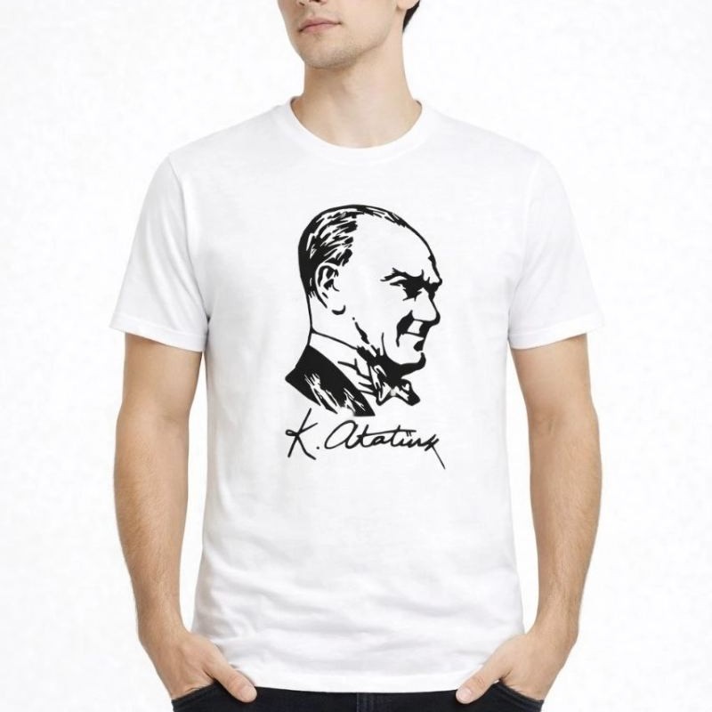 Erkek Atatürk Baskılı Tişört Kısa Kollu Bisiklet Yaka T-Shirt - Beyaz