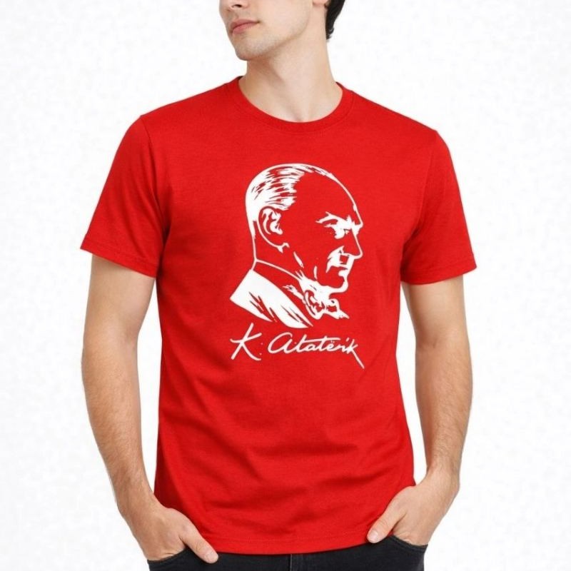 Erkek Atatürk Baskılı Tişört Kısa Kollu Bisiklet Yaka T-Shirt - Kırmızı