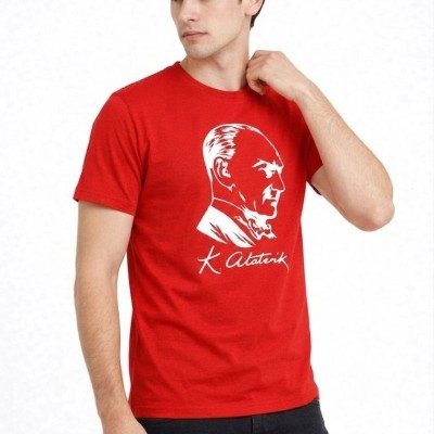 Erkek Atatürk Baskılı Tişört Kısa Kollu Bisiklet Yaka T-Shirt - Kırmızı