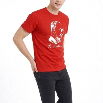 Erkek Atatürk Baskılı Tişört Kısa Kollu Bisiklet Yaka T-Shirt - Kırmızı