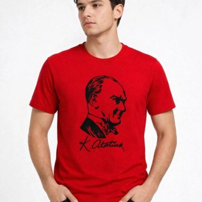 Erkek Atatürk Baskılı Tişört Kısa Kollu Bisiklet Yaka T-Shirt - Kırmızı