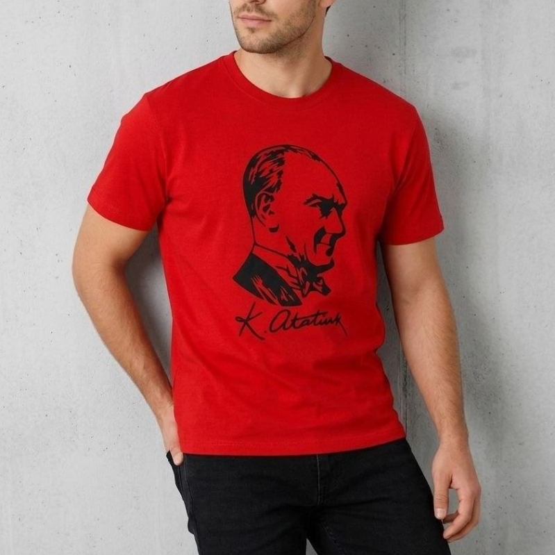 Erkek Atatürk Baskılı Tişört Kısa Kollu Bisiklet Yaka T-Shirt - Kırmızı