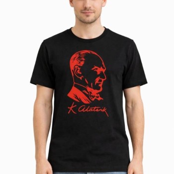 Erkek Atatürk Baskılı Tişört Kısa Kollu Bisiklet Yaka T-Shirt - Siyah