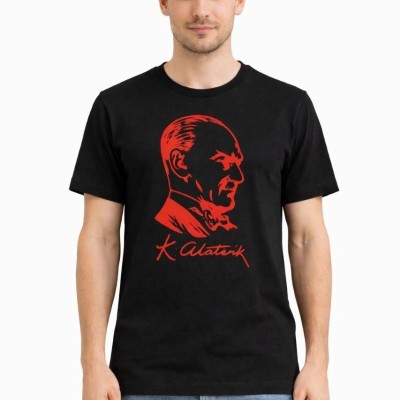 Erkek Atatürk Baskılı Tişört Kısa Kollu Bisiklet Yaka T-Shirt - Siyah