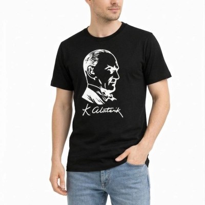 Erkek Atatürk Baskılı Tişört Kısa Kollu Bisiklet Yaka T-Shirt - Siyah