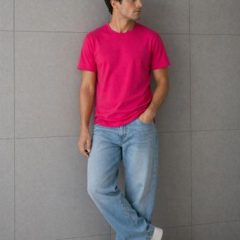 Erkek Basic Pamuklu Tişört Bisiklet Yaka Düz Renk Regular Fit T-Shirt - Fuşya