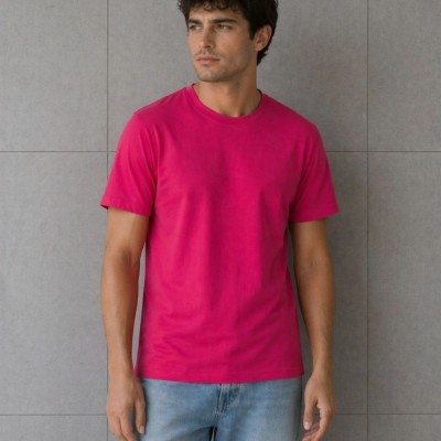 Erkek Basic Pamuklu Tişört Bisiklet Yaka Düz Renk Regular Fit T-Shirt - Fuşya
