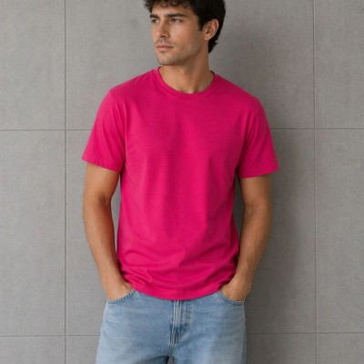 Erkek Basic Pamuklu Tişört Bisiklet Yaka Düz Renk Regular Fit T-Shirt - Fuşya
