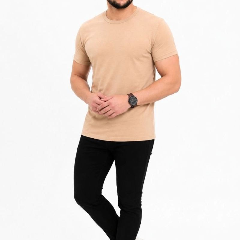 Erkek Basic Tişört Bisiklet Yaka Kısa Kol Günlük Yazlık Slim fit T-Shirt - Bej