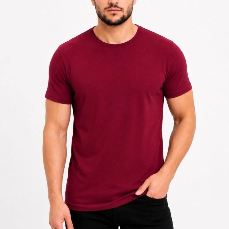 Erkek Basic Tişört Bisiklet Yaka Kısa Kol Günlük Yazlık Slim fit T-Shirt - Bordo