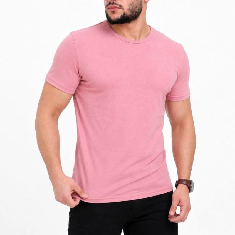 Erkek Basic Tişört Bisiklet Yaka Kısa Kol Günlük Yazlık Slim fit T-Shirt - Pembe