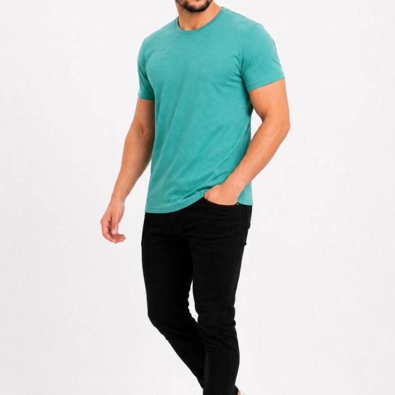 Erkek Basic Tişört Bisiklet Yaka Kısa Kol Günlük Yazlık Slim fit T-Shirt - Su Yeşili