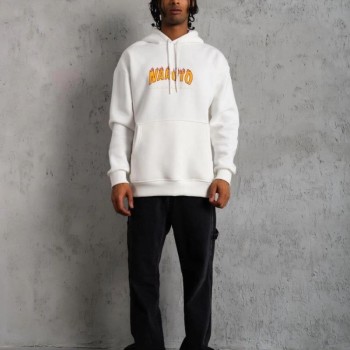 Erkek Baskılı Kapüşonlu 3 iplik pamuklu hoodie Sweatshirt - Beyaz