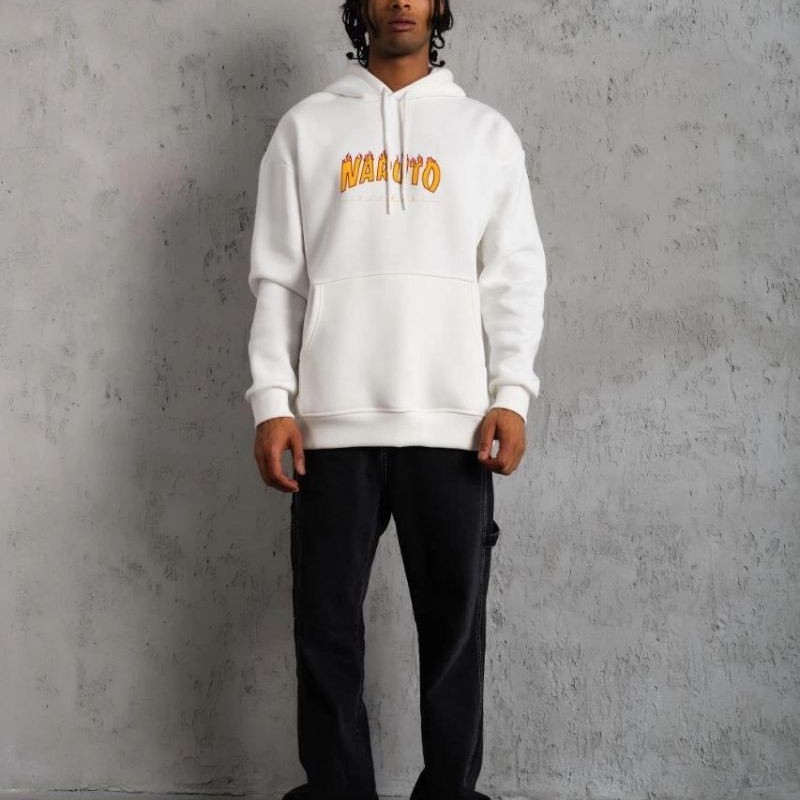 Erkek Baskılı Kapüşonlu 3 iplik pamuklu hoodie Sweatshirt - Beyaz