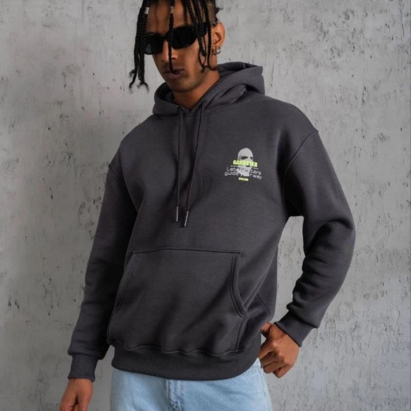 Erkek Baskılı Kapüşonlu 3 iplik pamuklu hoodie Sweatshirt - Gri