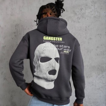 Erkek Baskılı Kapüşonlu 3 iplik pamuklu hoodie Sweatshirt - Gri