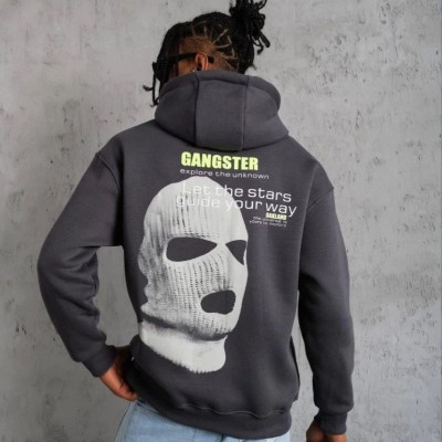 Erkek Baskılı Kapüşonlu 3 iplik pamuklu hoodie Sweatshirt - Gri