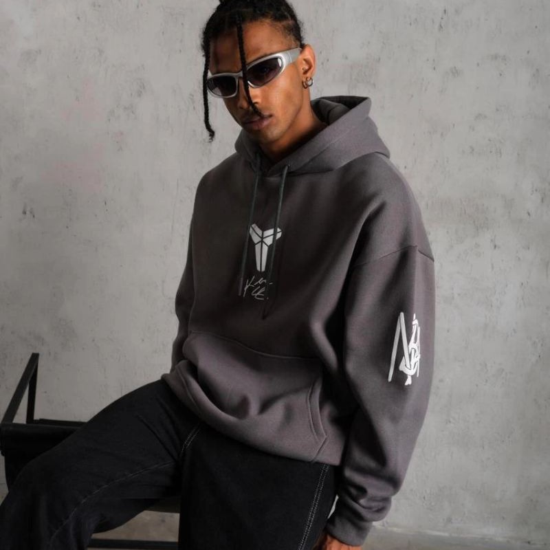 Erkek Baskılı Kapüşonlu 3 iplik pamuklu Hoodie Sweatshirt - Gri