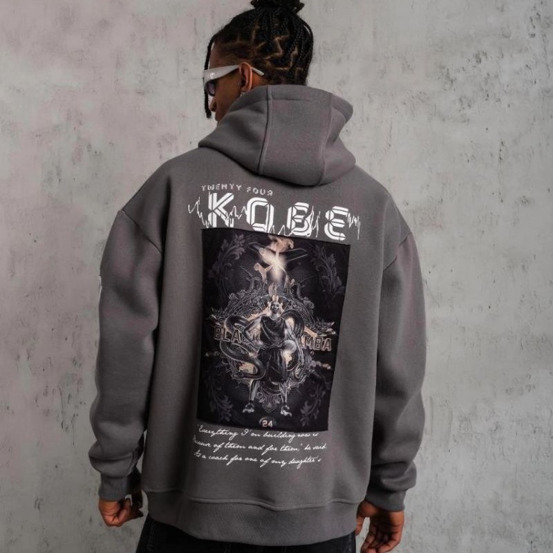 Erkek Baskılı Kapüşonlu 3 iplik pamuklu Hoodie Sweatshirt - Gri