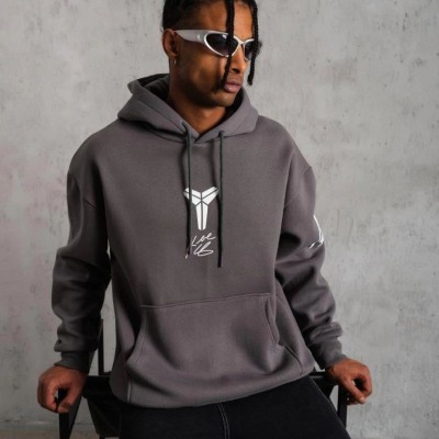 Erkek Baskılı Kapüşonlu 3 iplik pamuklu Hoodie Sweatshirt - Gri