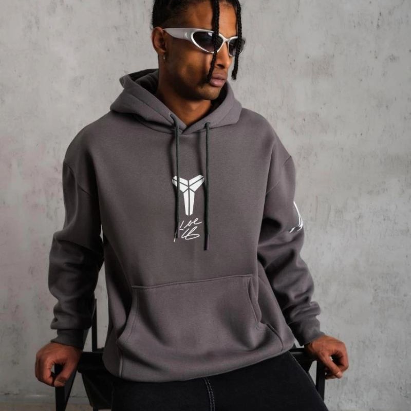 Erkek Baskılı Kapüşonlu 3 iplik pamuklu Hoodie Sweatshirt - Gri