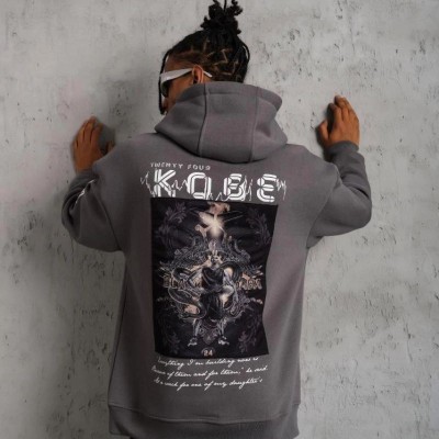 Erkek Baskılı Kapüşonlu 3 iplik pamuklu Hoodie Sweatshirt - Gri