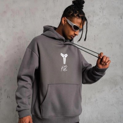 Erkek Baskılı Kapüşonlu 3 iplik pamuklu Hoodie Sweatshirt - Gri