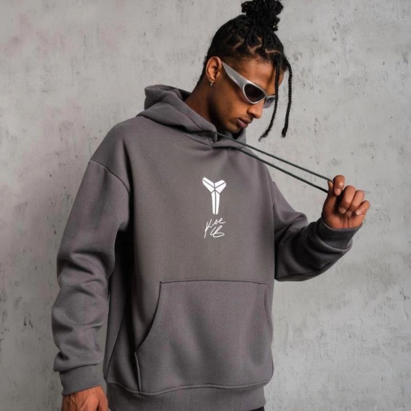 Erkek Baskılı Kapüşonlu 3 iplik pamuklu Hoodie Sweatshirt - Gri