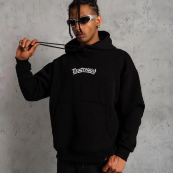 Erkek Baskılı Kapüşonlu 3 iplik pamuklu hoodie Sweatshirt - Siyah